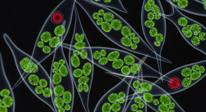 Microscopic view of Euglena cells with vibrant green chloroplasts and red eyespots.