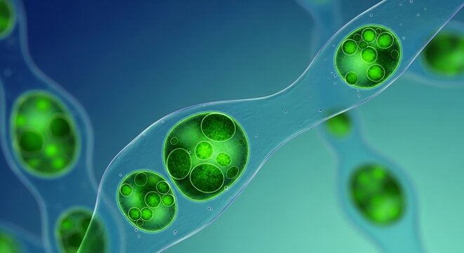 Microscopic View of Algae Cells with Vibrant Green Chloroplasts.