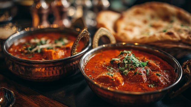 Traditional Indian Curry Feast Elegant Presentation on Premium Dining Table
