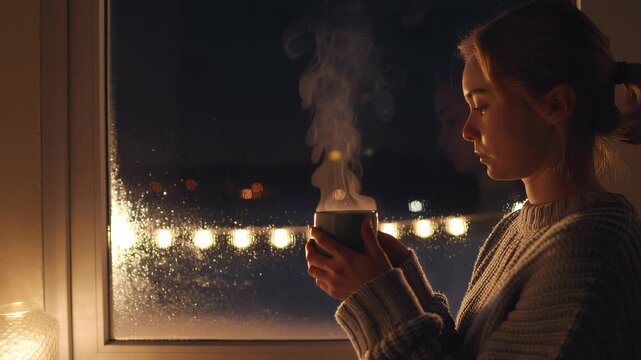Young woman holding a steaming cup of hot beverage by a rainy window at night. Seamless looping 4k video background
