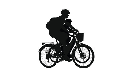Naklejka premium Cyclist silhouette rides a bicycle while carrying a backpack in this graphic travel design element.