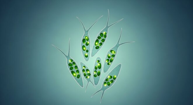 Microscopic View of Euglena Cells with Visible Chloroplasts Under Illumination.