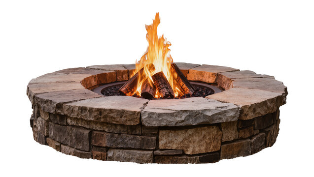 Stone fire pit with burning logs and flames