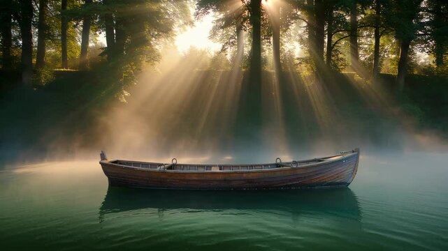 Wooden rowing boat floating on a misty river in a sunlit forest. Seamless looping 4k video background