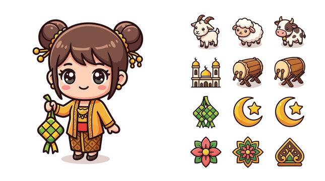 Chibi Indonesian girl wearing traditional yellow kebaya holding ketupat, surrounded by Eid Al-Fitr and Eid Al-Adha icons including a mosque, qurban animals, bedug drum, and crescent moon.