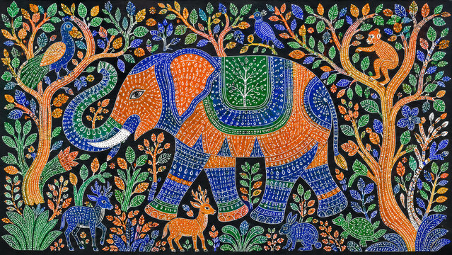 Traditional Indian Gond Elephant Art Print, Flat Vibrant Folk Painting for Eclectic Bohemian Decor