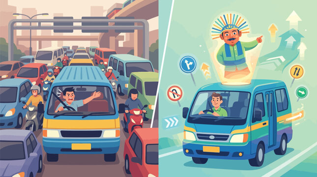 Flat vector illustration comparing a congested city traffic jam with angry drivers against a smooth commute guided by a traditional Ondel-ondel hologram navigator system.