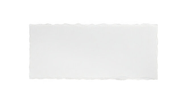 Torn paper scrap with deckle edges, white textured paper strip for scrapbooking, horizontal ripped paper banner for notes and journaling, blank paper fragment with rough borders 