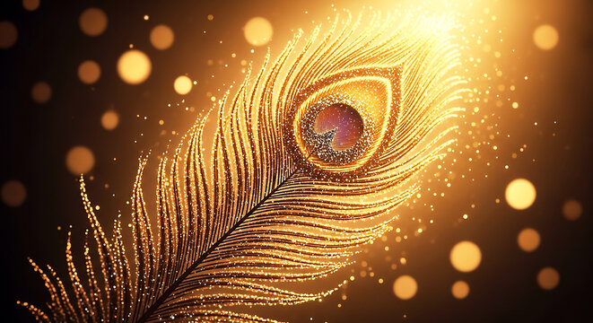 Vibrant peacock feather showcasing intricate golden and bronze patterns with a shimmering eye, set against warm bokeh lights.