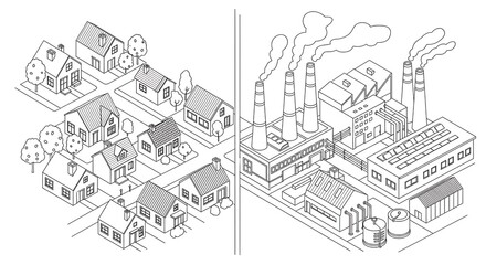 Obraz premium Black Line Illustration Comparing Quiet Residential Neighborhood and Smoking Industrial Factory