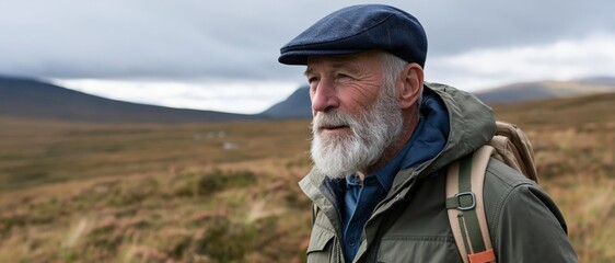 Fototapeta premium A mature man is enjoying a serene hiking experience amidst stunning natural landscapes, embodying tranquility and the joy of outdoor exploration in his golden years.