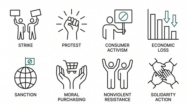 A cohesive set of linear icons representing social activism, including strike, protest, consumer activism, economic loss, sanction, moral purchasing, nonviolent resistance, and solidarity action.