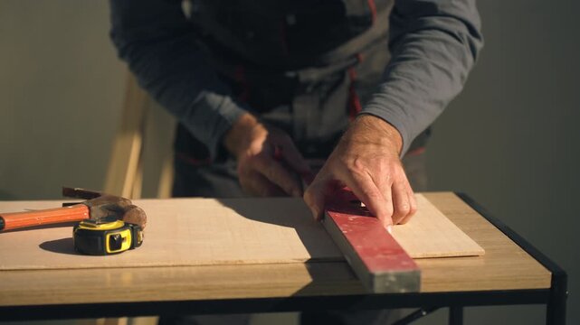 Close-up of construction worker&rsquo;s hands in uniform using a spirit level on wooden board, with hammer and measuring tape on table, highlighting precision carpentry and construction measurement work.