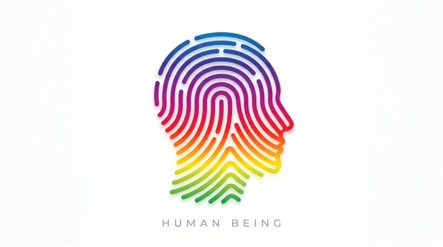 A minimalist rainbow gradient fingerprint forming a human profile silhouette on a white background, symbolizing unique identity, diversity, and humanity.