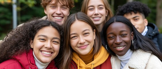 Fototapeta premium A vibrant group of young friends smiling widely in a forest setting, capturing a moment of happiness and camaraderie among diverse individuals enjoying their day.