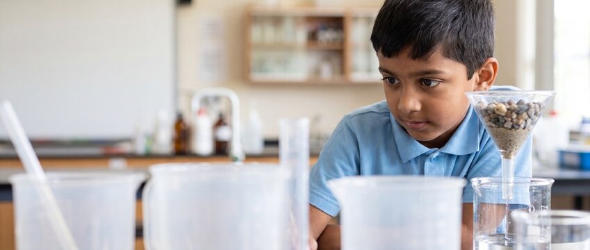Indian boy student science experiment performing water filtration with beakers and funnel in school classroom laboratory, focused on STEM education learning, curiosity and discovery concept classwork.