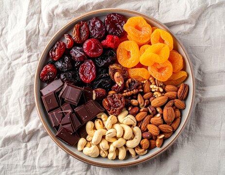 Dried Fruits Nuts and Dark Chocolate Healthy Snack Bowl