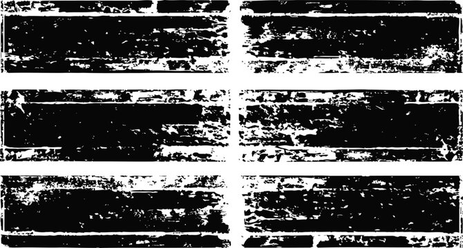 Set of six black distressed rectangular grunge textures with rough edges and weathered appearance
