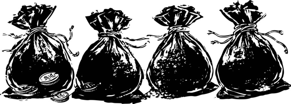 four tied burlap sacks illustration in vintage style, rustic bags with string closures