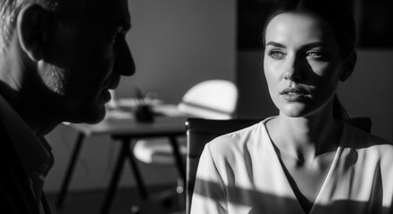 Obraz premium Dramatic Black And White Portraiture of Serious Professional Woman in Intense Conversation