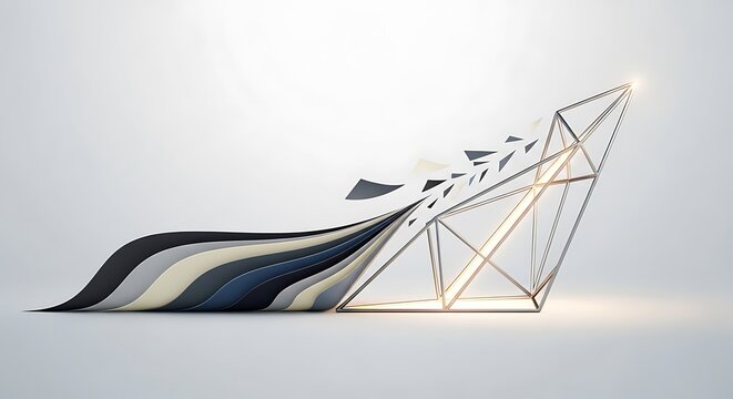 Abstract conceptual featuring a geometric wireframe structure and flowing layered paper in soft neutral tones on a clean white background