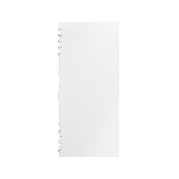 Torn white notebook paper with ragged edge, blank vertical paper scrap for notes, realistic paper texture with spiral notebook holes, minimalist stationery element for scrapbooking and design