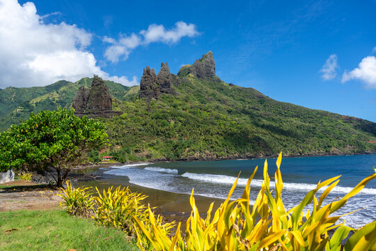 Hatiheu Bay and Beach, Nuku Hiva, French Polynesia, with lush cliffs