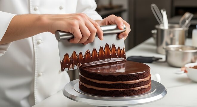 Professional Pastry Chef Spreading Glossy Chocolate Glaze on Layer Cake in Commercial Kitchen