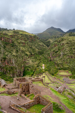 Ancient Inca terraces and ruins at Pisac in the Sacred Valley, Peru