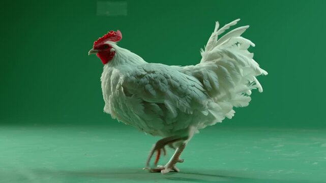White Rooster Walking on Green Background.