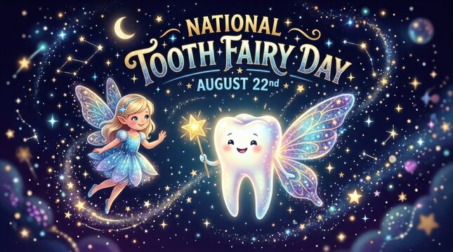 Whimsical tooth fairy illustration with glowing stars and magical dental theme at night