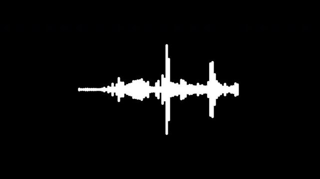 Animated white solid stylish audio waveform equalizer vibrating on a black background for techno music visualization. An original design element reacting to sound frequencies