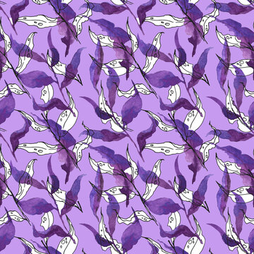 Hand drawn lavender floral pattern with leaves and branch. Watercolor purple background. spring botanical greenery illustration. For fabric, wallpaper, wrapping decor print