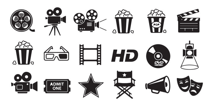 Black and white movie cinema film icons set