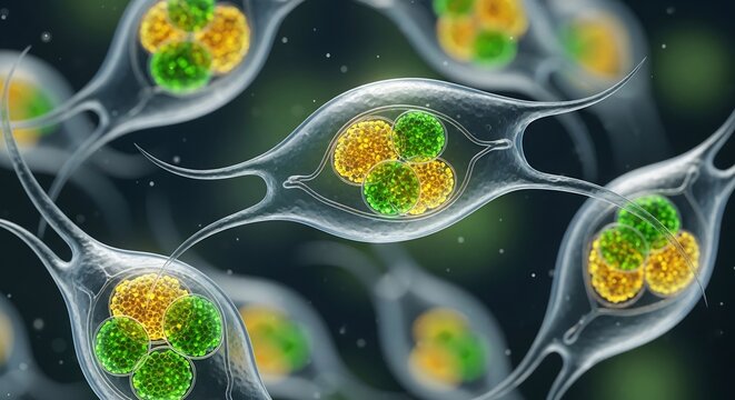 Microscopic view of Chlamydomonas reinhardtii algae cells with chloroplasts.