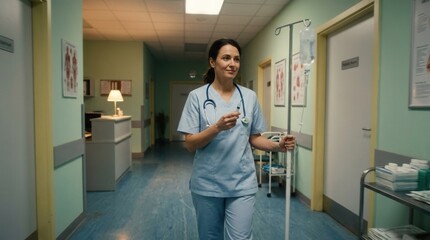 Fototapeta premium Dedicated Medical Professional Walking in Hospital Corridor With Infusion Drip Equipment