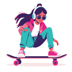 Teen girl in headphones riding skateboard with sunglasses and casual clothes © Anik