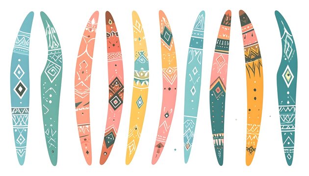 Colorful Bohemian Surfboards Arranged in Row on White Background