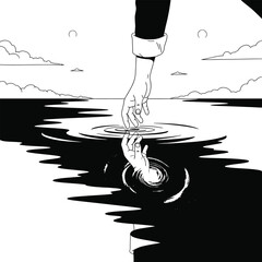 Minimalist black and white illustration of a hand reaching down to rescue another hand from water symbolizing help and hope © Iqbal