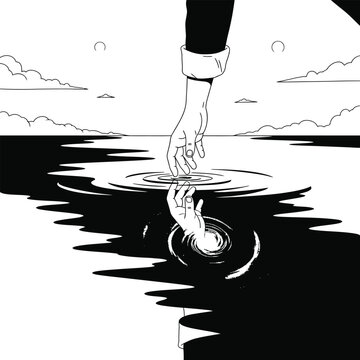 Minimalist black and white illustration of a hand reaching down to rescue another hand from water symbolizing help and hope