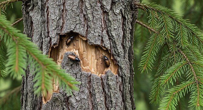 Black Beetles Crawling on Damaged Evergreen Tree Bark in Forest
