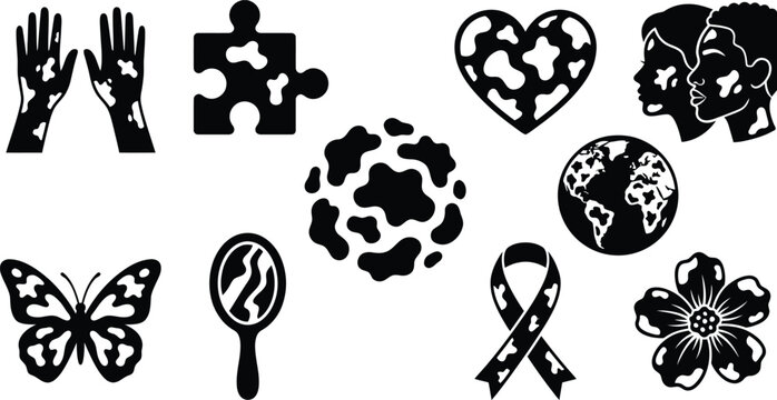 Vitiligo awareness icon set featuring skin conditions shapes human figures hands and nature.