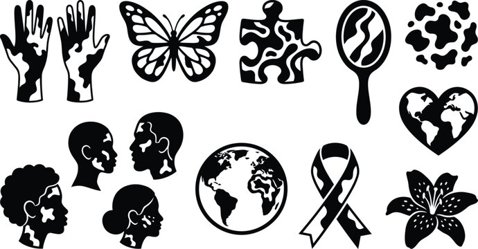 Vitiligo awareness icon set with diverse human profiles world maps hearts and hand shapes.