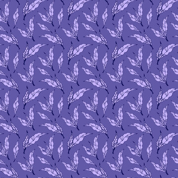 Hand drawn lavender floral pattern with leaves and branch. line art purple background. spring botanical greenery illustration. For fabric, wallpaper, wrapping decor print