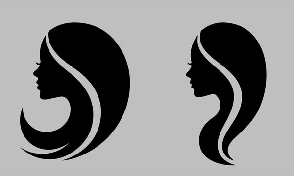 Stylized black silhouette profiles of two women with long flowing hair isolated on a gray background vectors design,fully customized and eddtibel