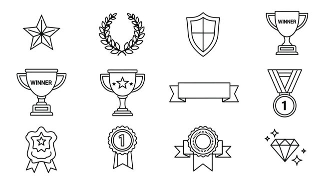 Set of black and white line icons representing various awards, achievements, and recognition with star, wreath, shield, and trophies.