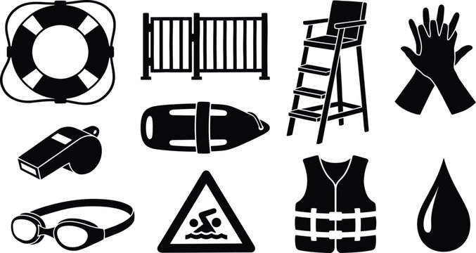 Lifeguard equipment and safety items for pool or beach rescue operations.