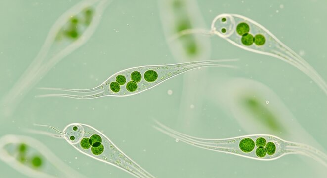 Microscopic View of Euglena Cells with Green Chloroplasts.