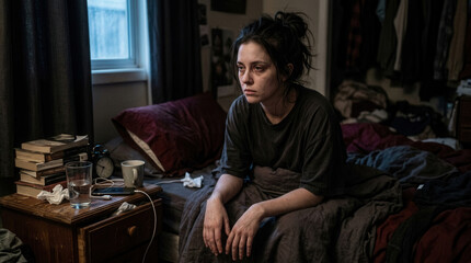 Obraz premium Depressed Woman Sitting On Bed In A Messy Room, Deeply Contemplating Life
