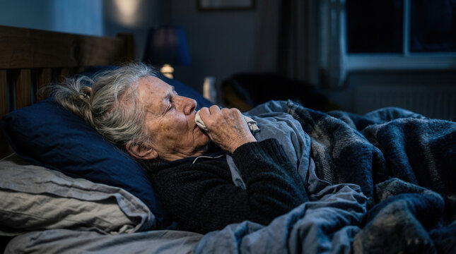 Elderly Woman Resting In Bed, Cozy Scene, Sick With A Cold At Night